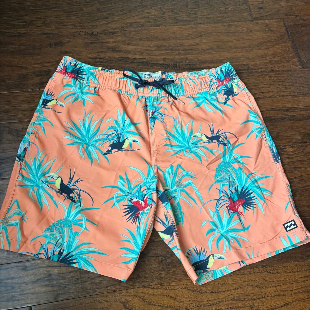 Billabong Sundays Layback Orange Tropical Toucan Board Shorts Swim Trunks Size M